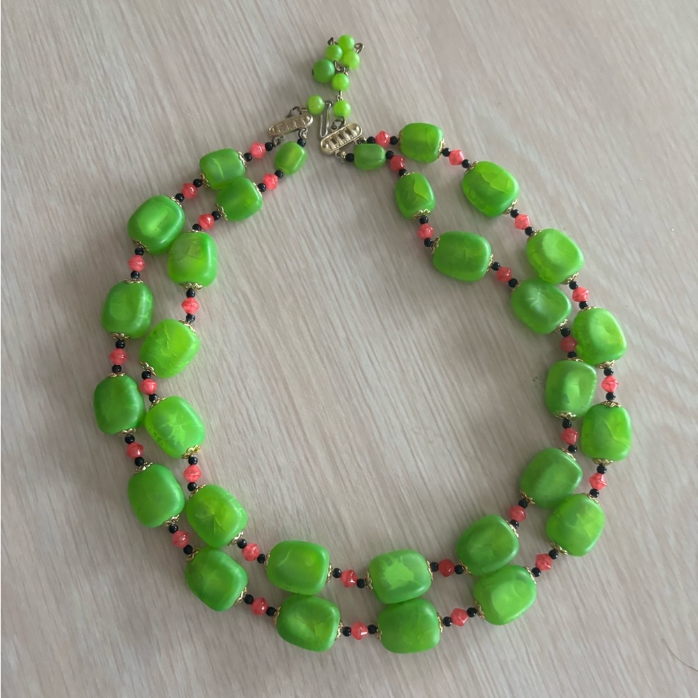 Vibrant Vintage Green and Pink Beaded Necklace